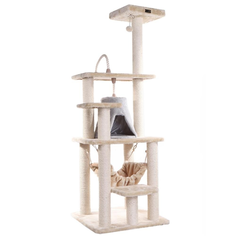 65" Real Wood Cat Tree With Sisal Rope, Hammock, Soft-Side Playhouse. Picture 1