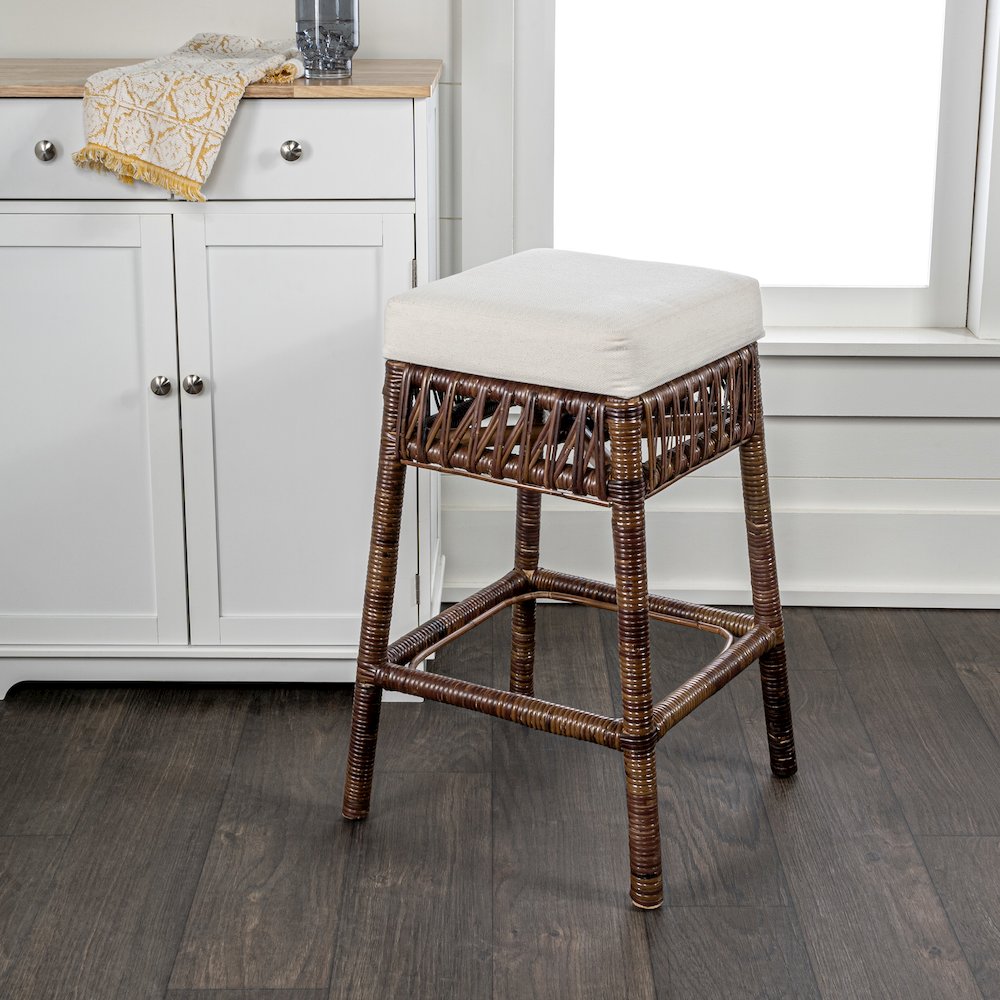 Bali 25.6" Bohemian Dark Brown Woven Rattan Backless Counter Stool with White. Picture 3