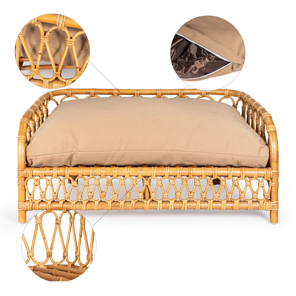 Elevated Bohemian Handwoven Rattan Dog Daybed With Machine-Washable Cushion. Picture 5