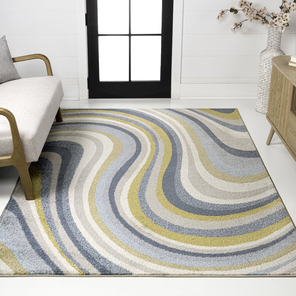 Flow Abstract Swirl Blue/Mustard/Gray 3 ft. x 5 ft. Area Rug. Picture 2