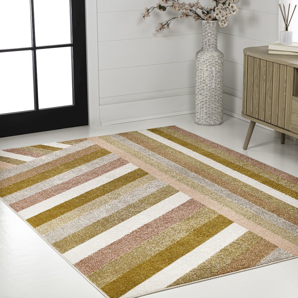 Retro Rainbow Contemporary Stripe Red/Gold/Cream 3 ft. x 5 ft. Area Rug. Picture 3
