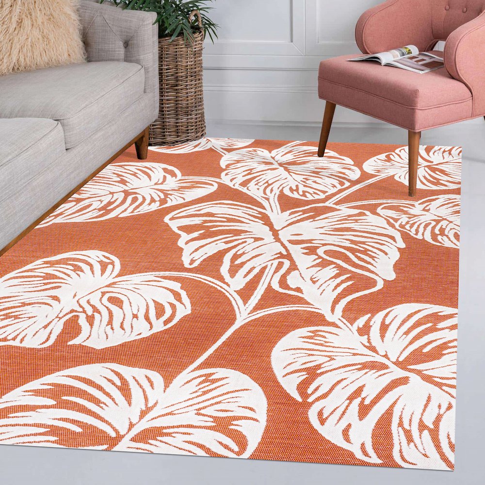 Tobago High-Low Two Tone Monstera Leaf Area Rug. Picture 10
