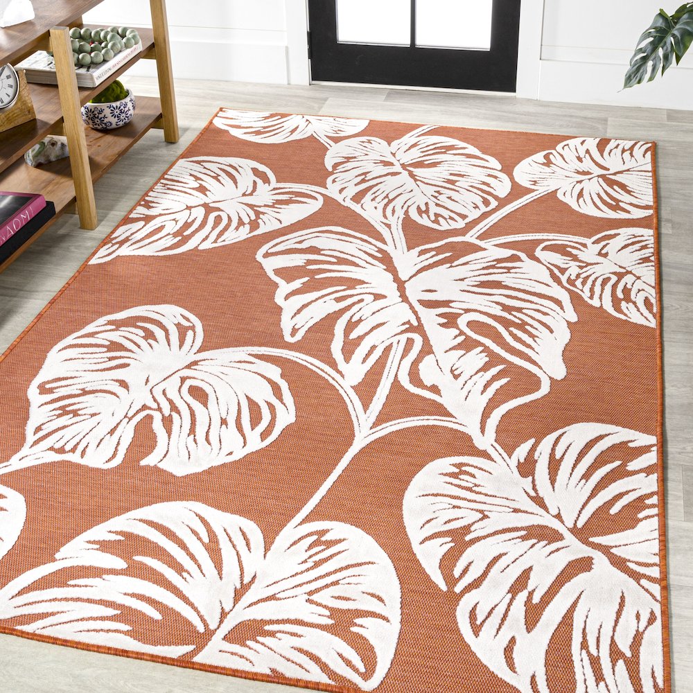 Tobago High-Low Two Tone Monstera Leaf Area Rug. Picture 2