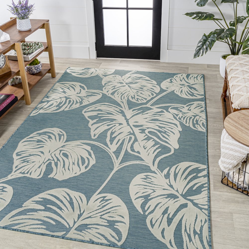 Tobago High-Low Two Tone Monstera Leaf Area Rug. Picture 2