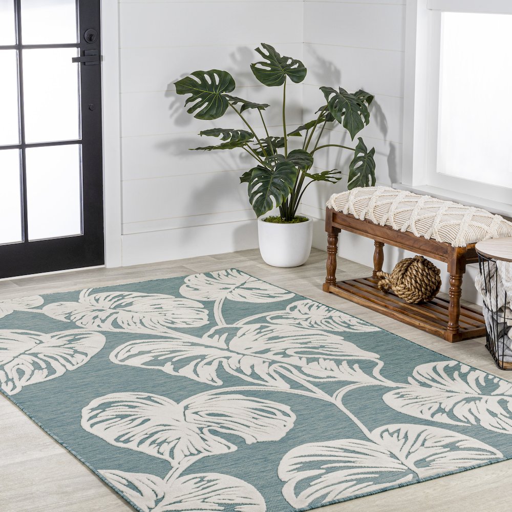 Tobago High-Low Two Tone Monstera Leaf Area Rug. Picture 5