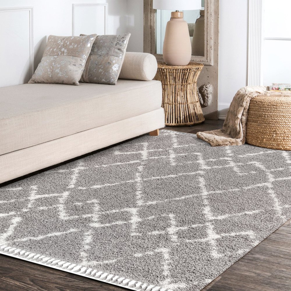 Mercer Shag Plush Tassel Moroccan Tribal Geometric Trellis Area Rug. Picture 8