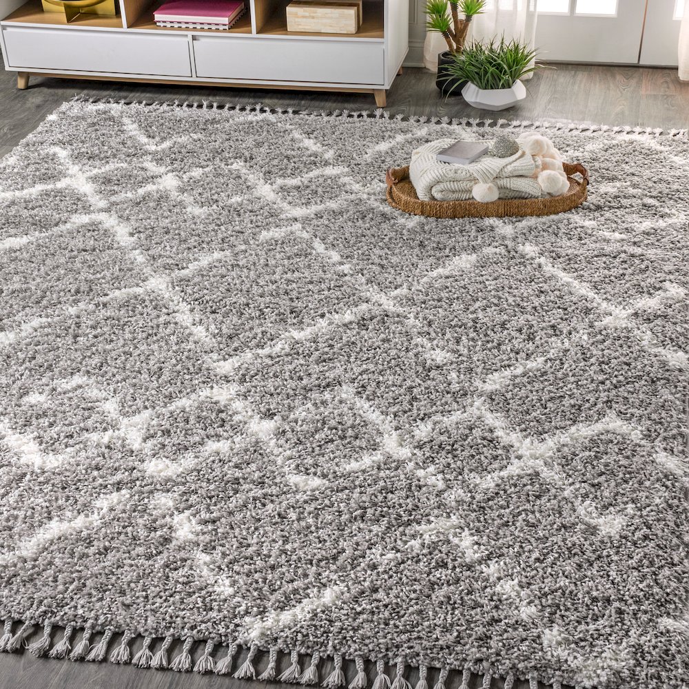 Mercer Shag Plush Tassel Moroccan Tribal Geometric Trellis Area Rug. Picture 2