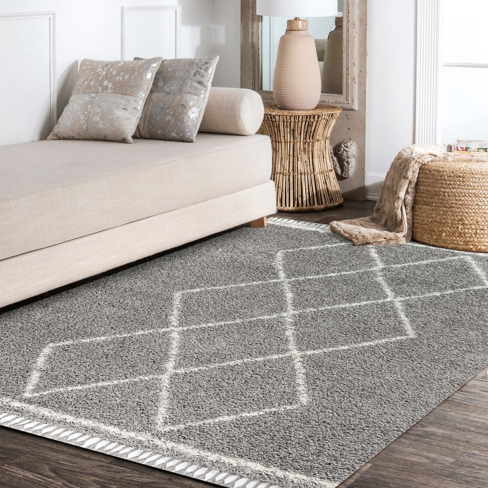 Beautiful Mercer Shag Plush Tassel Moroccan Tribal Geometric Trellis Area Rug. Picture 8