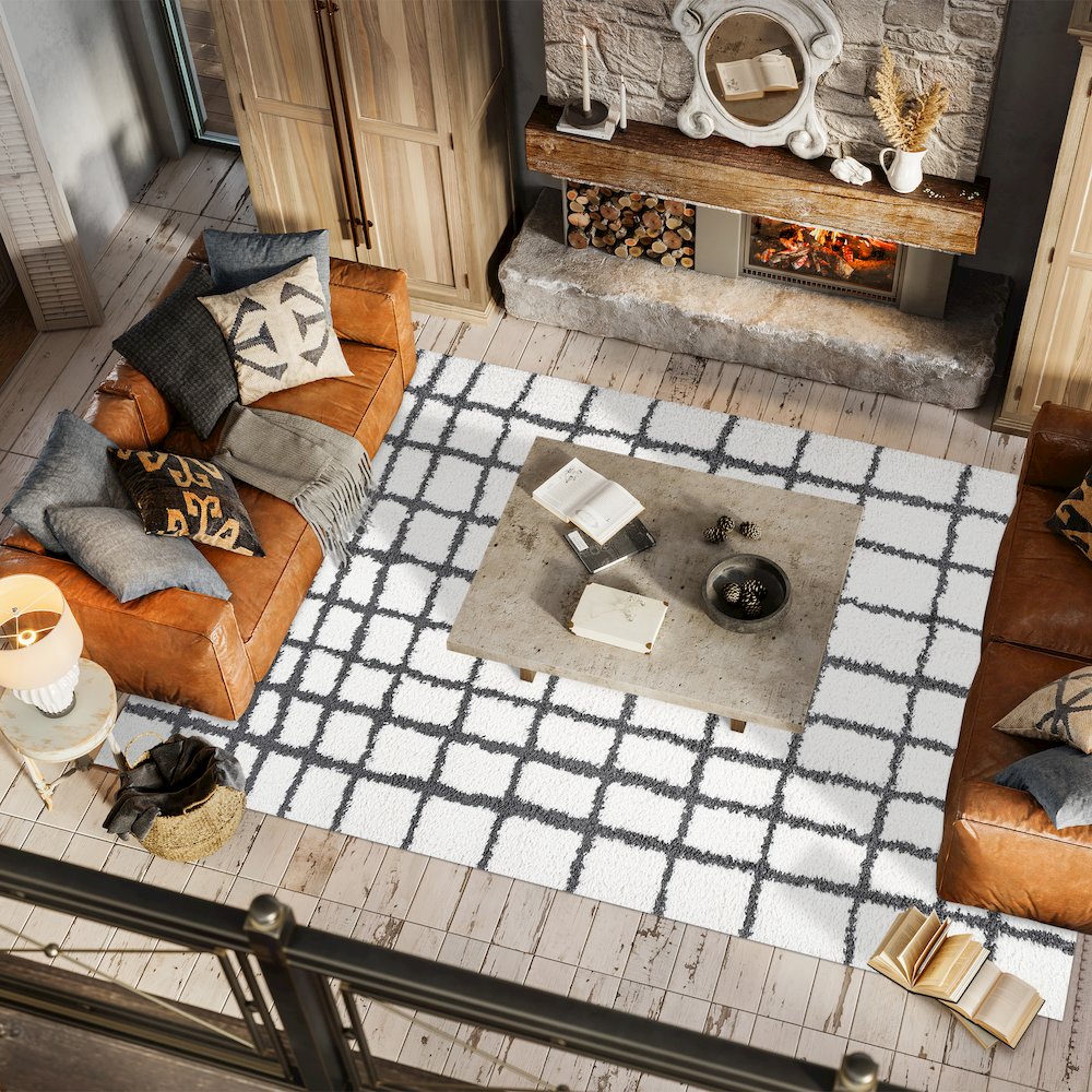 Arenal Geometric Grid Shag Area Rug. Picture 5