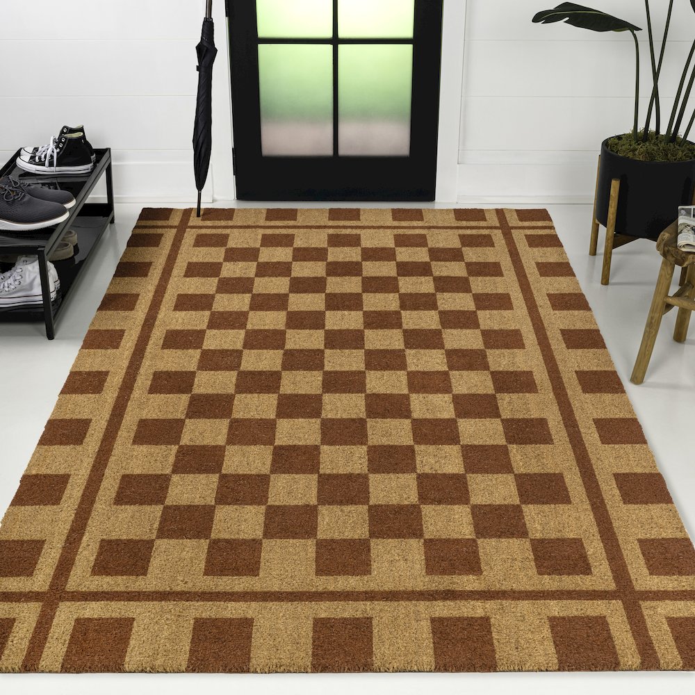 Farmhouse Checkerboard Coir Natural/Red 4 ft. x 6 ft. Indoor/Outdoor Area Rug. Picture 5