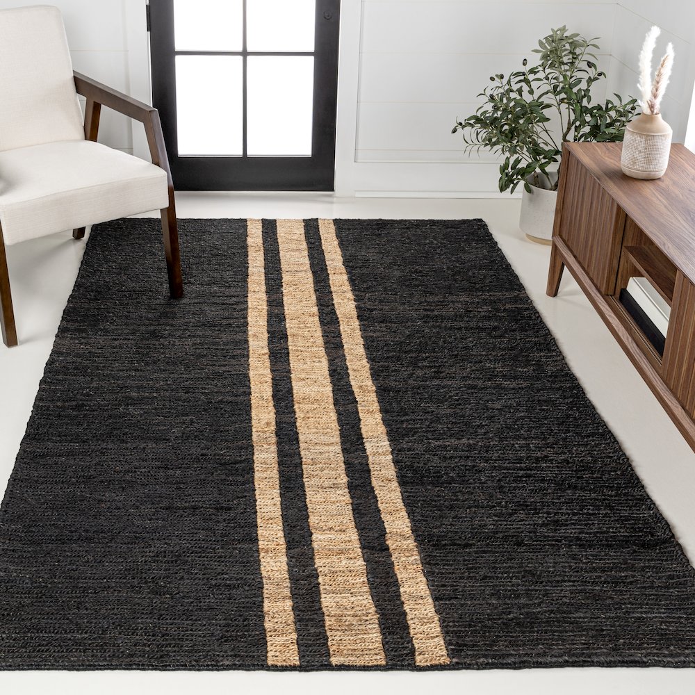 Olivier Rustic Farmhouse Wide Ticking Stripe Jute Area Rug. Picture 1