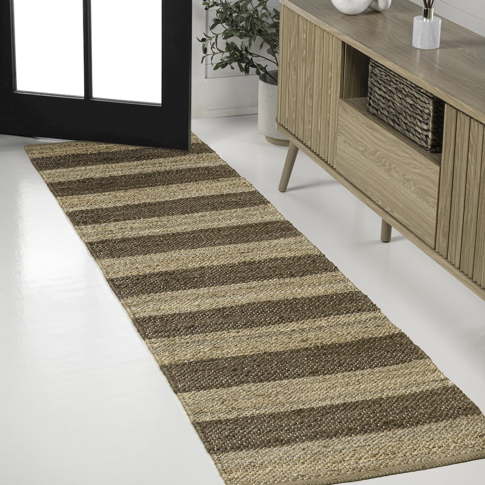 Jayden Rustic Farmhouse Woven Jute Stripe Natural/Brown 2 ft. x 8 ft. Runner Rug. Picture 2