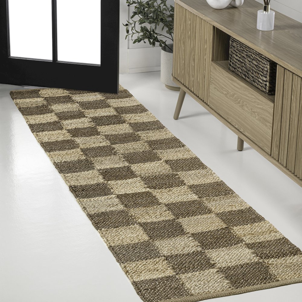Theo Farmhouse Woven Jute Checkerboard Natural/Brown 2 ft. x 8 ft. Runner Rug. Picture 2