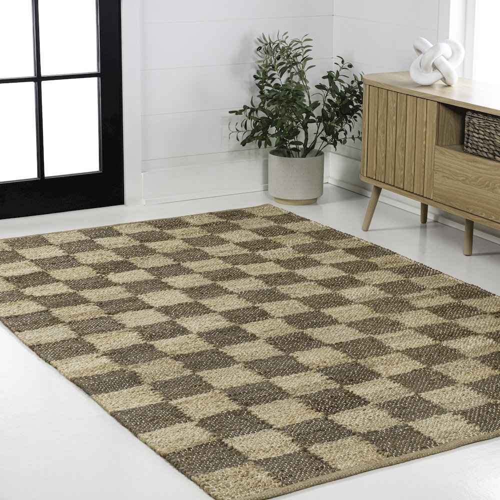 Theo Farmhouse Woven Jute Checkerboard Natural/Brown 4 ft. x 6 ft. Area Rug. Picture 3
