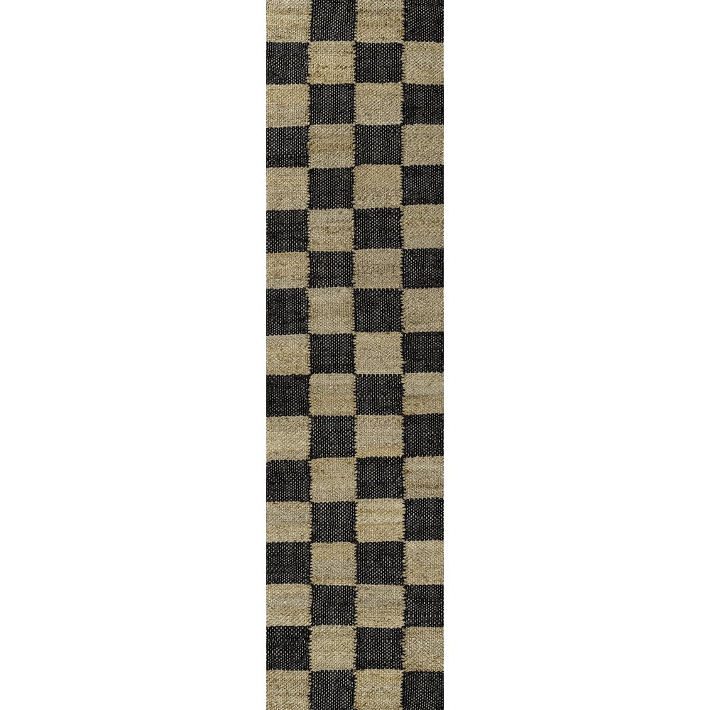 Theo Farmhouse Woven Jute Checkerboard Natural/Black 2 ft. x 8 ft. Runner Rug. Picture 1