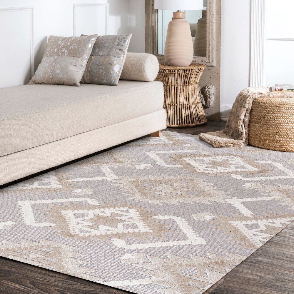 Sumak High-Low Pile Neutral Diamond Kilim Area Rug. Picture 15