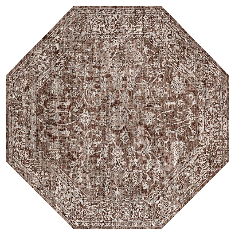 Tela Bohemian Textured Weave Floral Red/Taupe 8' Octagon Indoor/Outdoor Area Rug. Picture 1