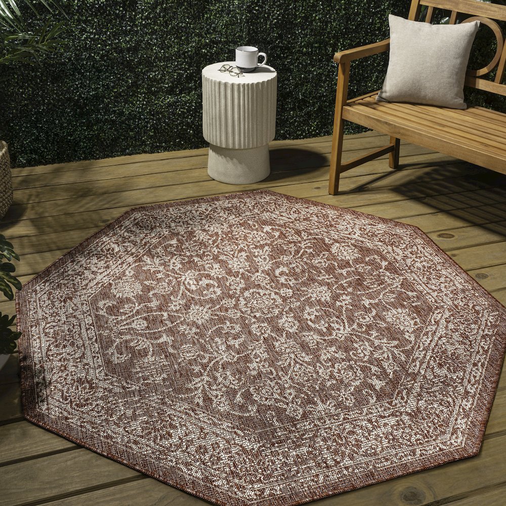 Tela Bohemian Textured Weave Floral Red/Taupe 8' Octagon Indoor/Outdoor Area Rug. Picture 3