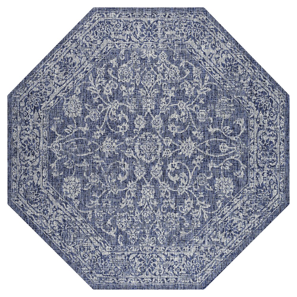 Tela Bohemian Textured Weave Floral Navy/Gray 8' Octagon Indoor/Outdoor Area Rug. Picture 1