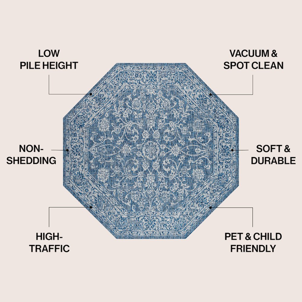 Tela Bohemian Textured Weave Floral Navy/Gray 8' Octagon Indoor/Outdoor Area Rug. Picture 4