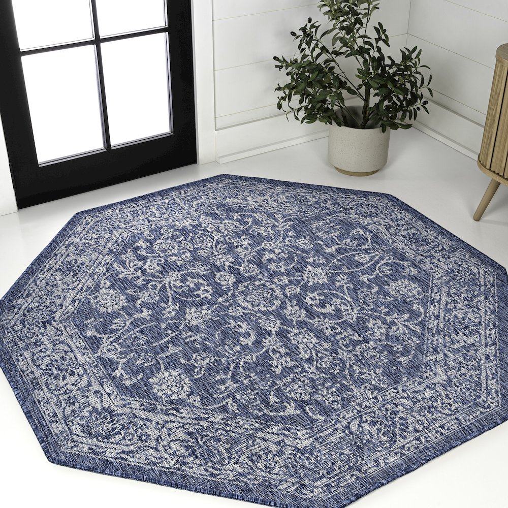 Tela Bohemian Textured Weave Floral Navy/Gray 8' Octagon Indoor/Outdoor Area Rug. Picture 2