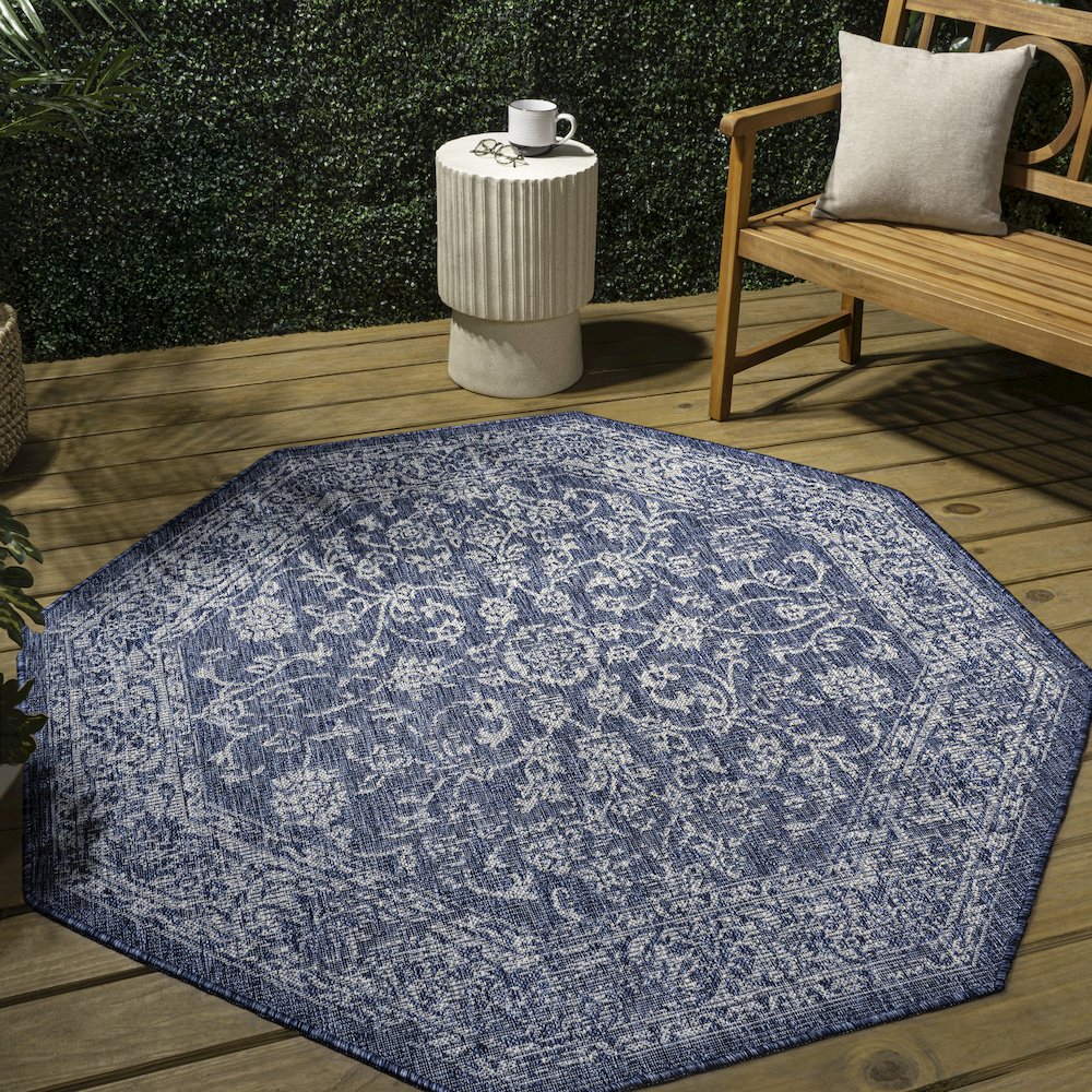 Tela Bohemian Textured Weave Floral Navy/Gray 8' Octagon Indoor/Outdoor Area Rug. Picture 3
