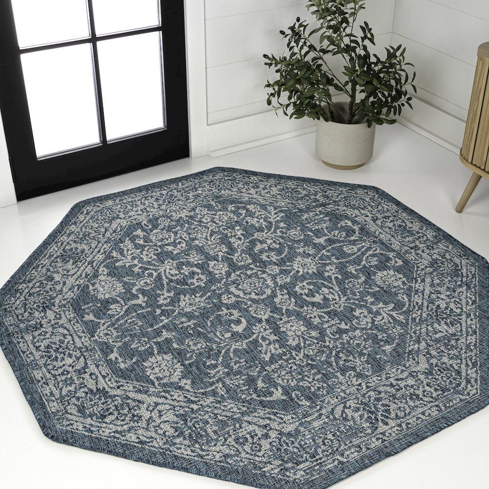 Tela Bohemian Textured Weave Floral Teal/Gray 8' Octagon Indoor/Outdoor Area Rug. Picture 2
