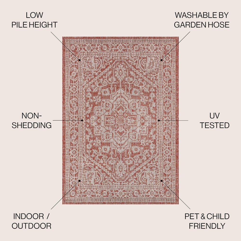 Sinjuri Medallion TetuWeave Red/TaupeIndoor/Outdoor  Rug. Picture 3