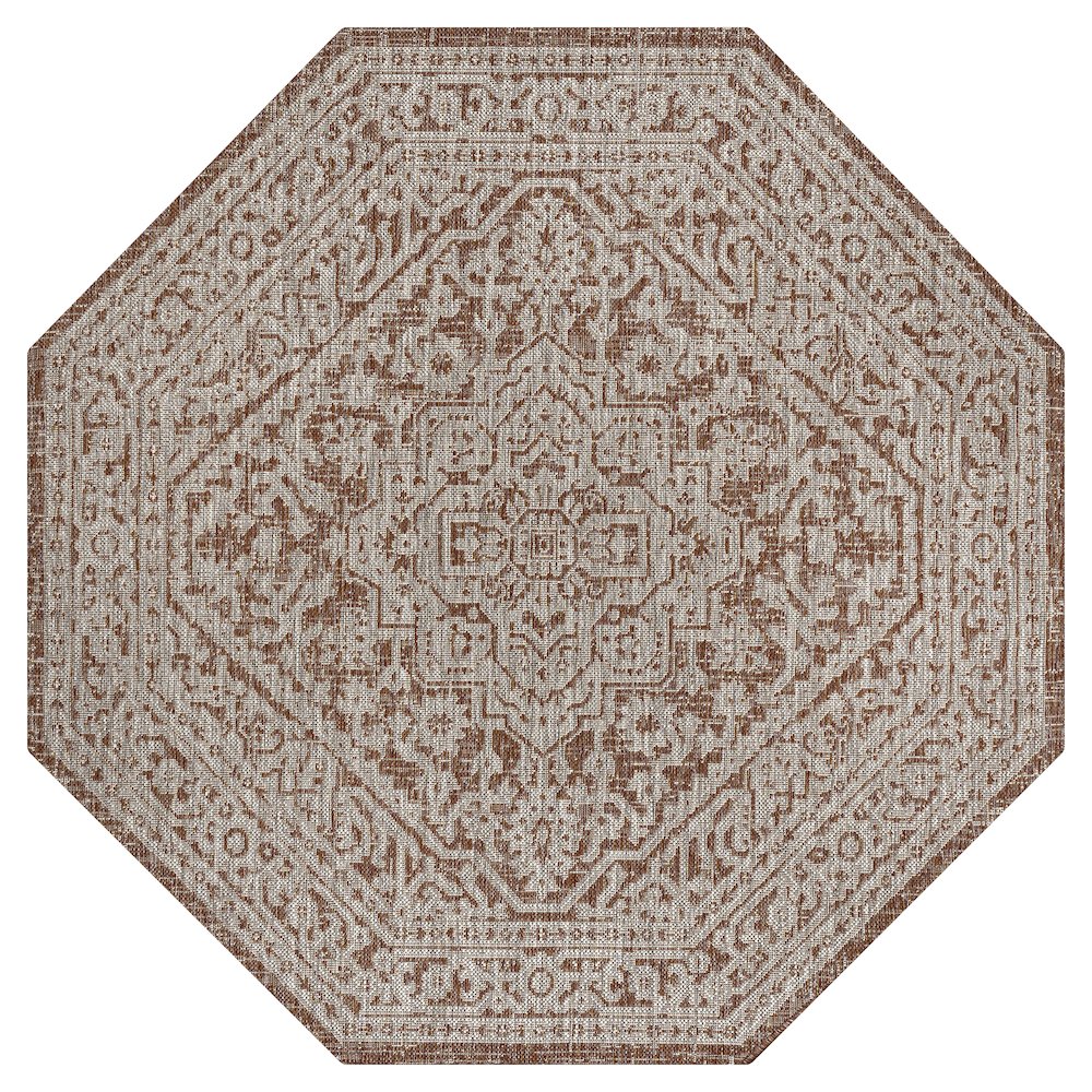 Sinjuri Medallion Textured Weave Red/Taupe 8' Octagon Indoor/Outdoor Area Rug. Picture 1