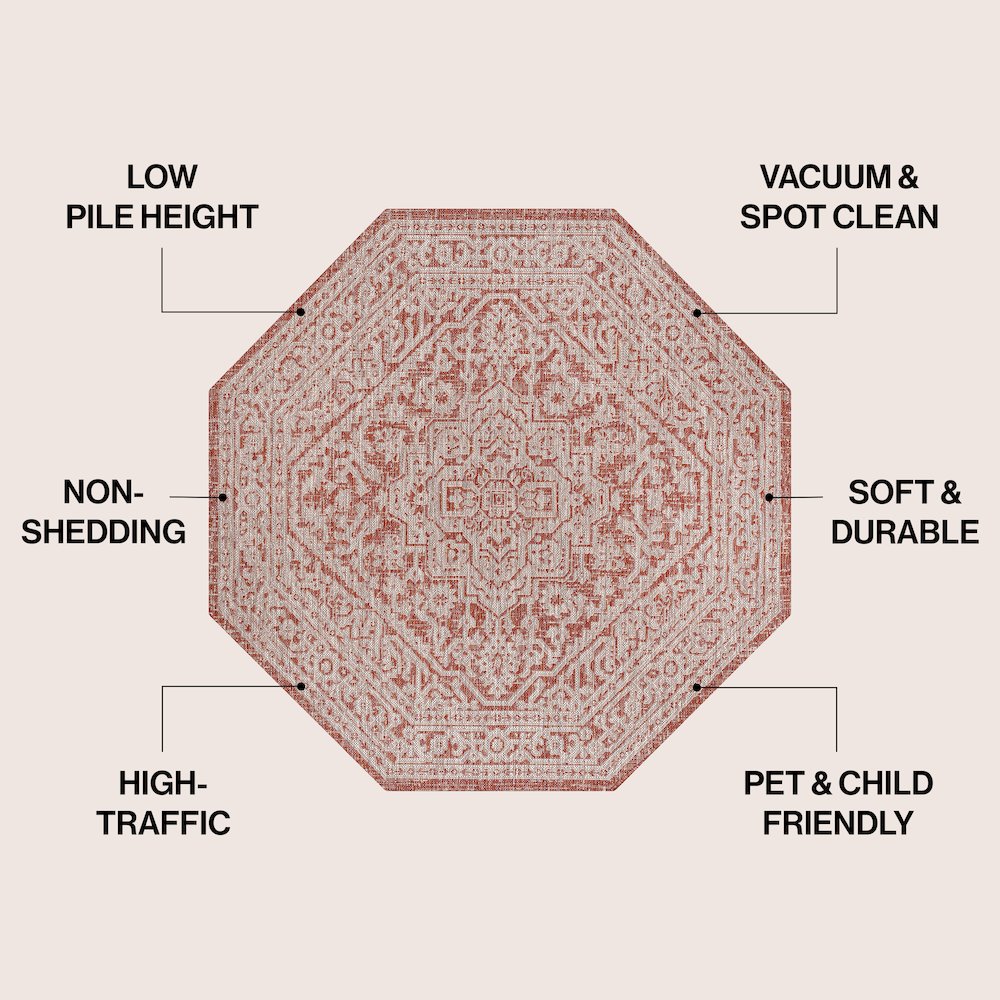 Sinjuri Medallion Textured Weave Red/Taupe 8' Octagon Indoor/Outdoor Area Rug. Picture 4