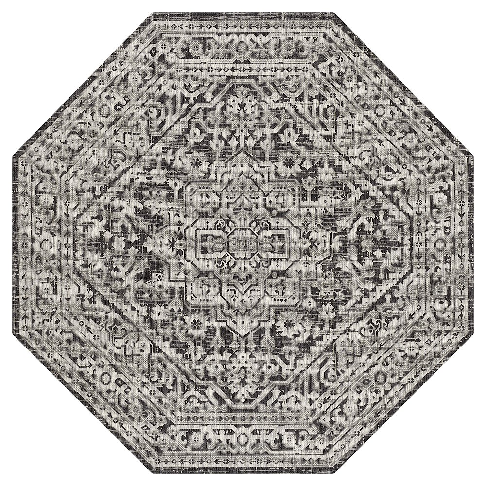 Sinjuri Medallion Textured Weave Gray/Black 8' Octagon Indoor/Outdoor Area Rug. Picture 1