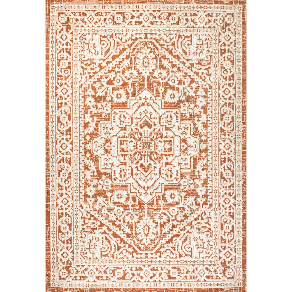 Sinjuri Medallion Textured Weave Indoor/Outdoor Area Rug. Picture 1