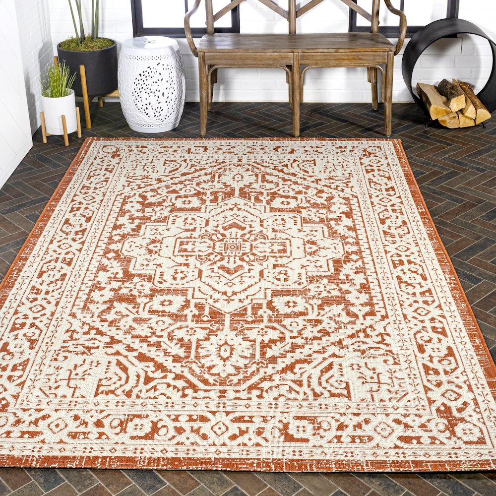 Sinjuri Medallion Textured Weave Indoor/Outdoor Area Rug. Picture 8