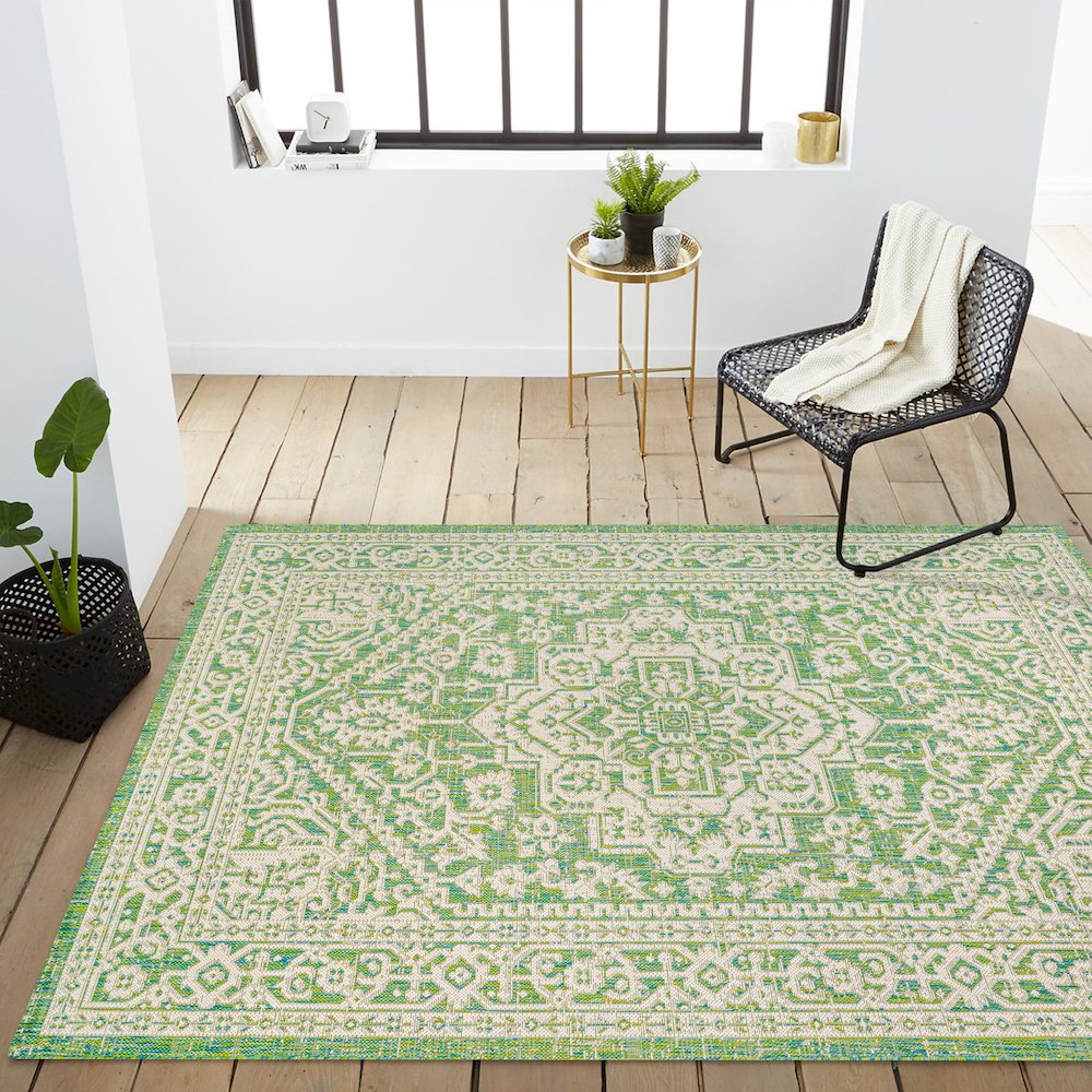 Sinjuri Medallion Textured Weave Indoor/Outdoor Area Rug. Picture 14