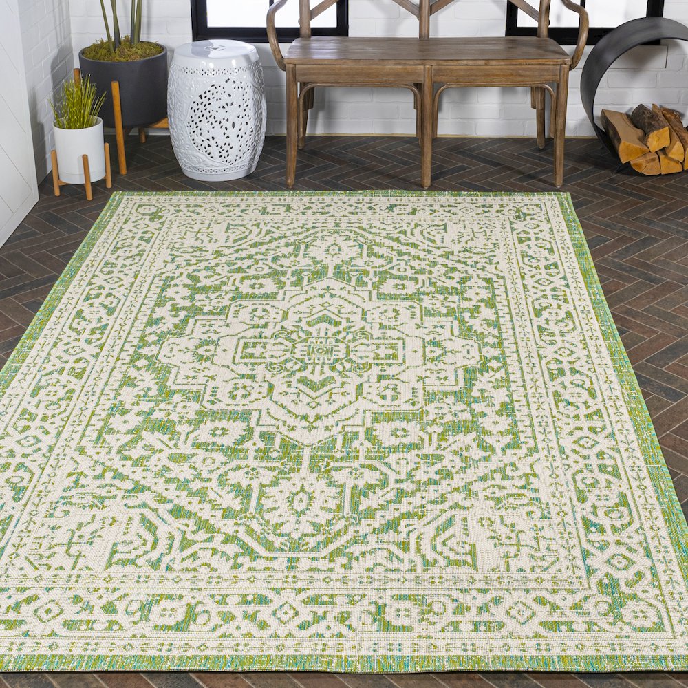 Sinjuri Medallion Textured Weave Indoor/Outdoor Area Rug. Picture 8