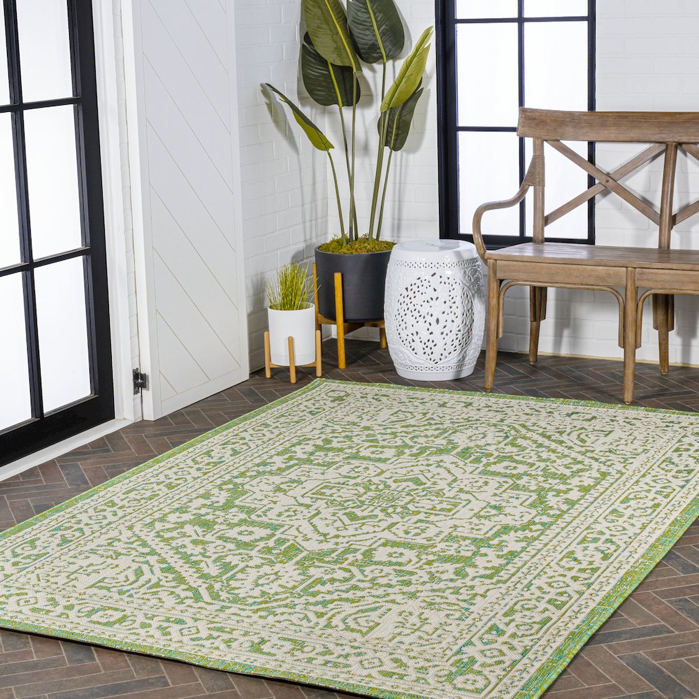 Sinjuri Medallion Textured Weave Indoor/Outdoor Area Rug. Picture 9