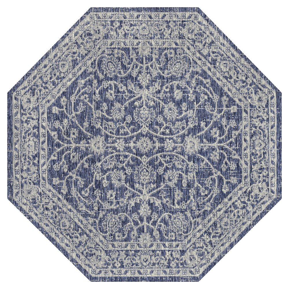 Palazzo Vine and Border Textured Weave Navy/Gray Octagon Indoor/Outdoor Area Rug. Picture 1