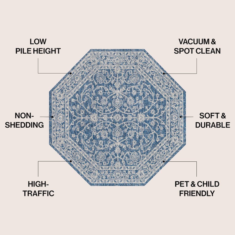 Palazzo Vine and Border Textured Weave Navy/Gray Octagon Indoor/Outdoor Area Rug. Picture 4