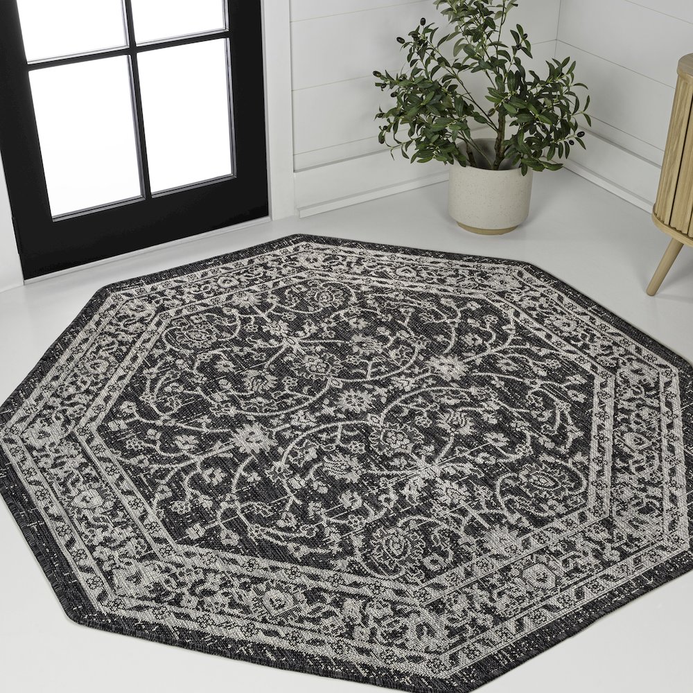 Palazzo Vine and Border Textured Weave Navy/Gray Octagon Indoor/Outdoor Area Rug. Picture 2
