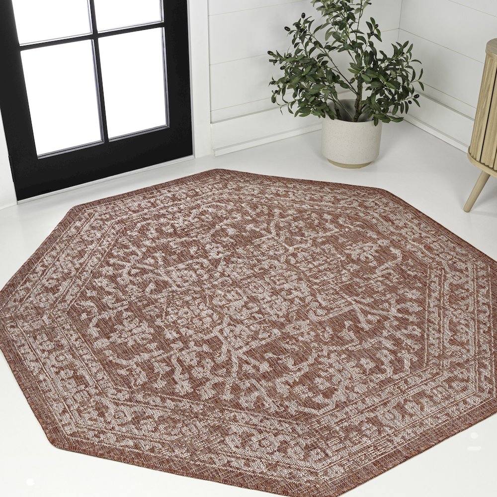 Malta Bohemian Medallion Textured Weave Red/Taupe Indoor/Outdoor Area Rug. Picture 2