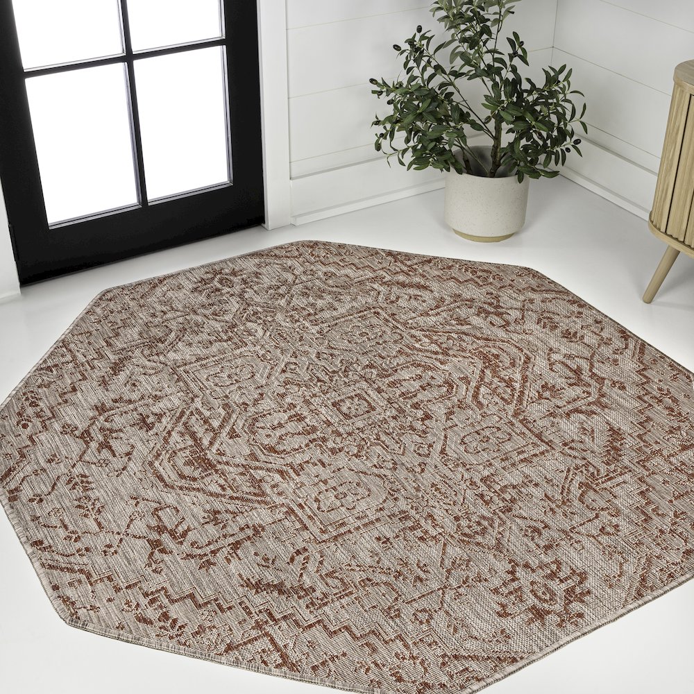 Estrella Bohemian Medallion Textured Weave Red/Taupe Indoor/Outdoor Area Rug. Picture 2