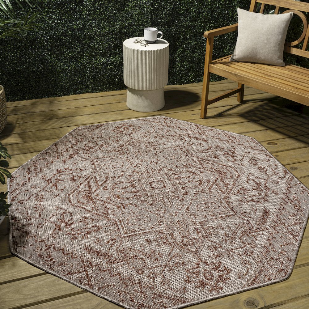 Estrella Bohemian Medallion Textured Weave Red/Taupe Indoor/Outdoor Area Rug. Picture 3