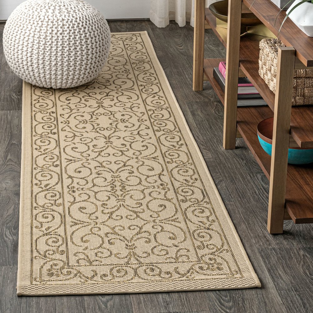 Charleston Vintage Filigree Textured Weave Indoor/Outdoor Runner Rug. Picture 2