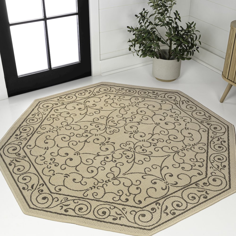 Charleston Vintage Filigree Textured Weave Beige/Brown Indoor/Outdoor Area Rug. Picture 2