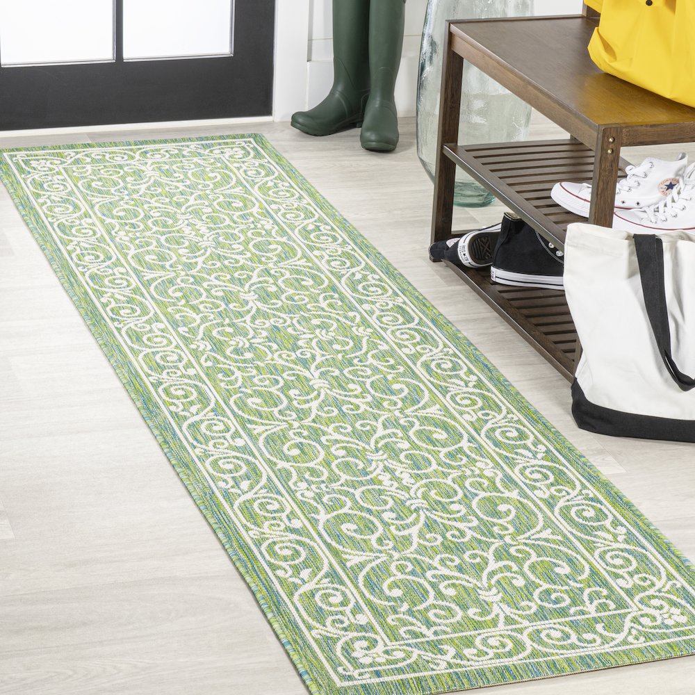 Charleston Vintage Filigree Textured Weave Indoor/Outdoor Runner Rug. Picture 2