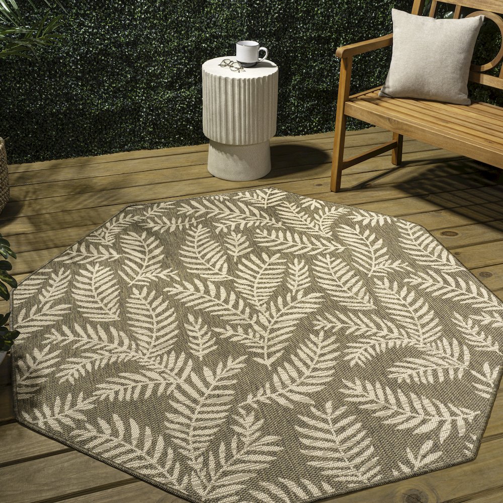 Nevis Palm Frond Brown/Beige 8' Octagon Indoor/Outdoor Area Rug. Picture 3