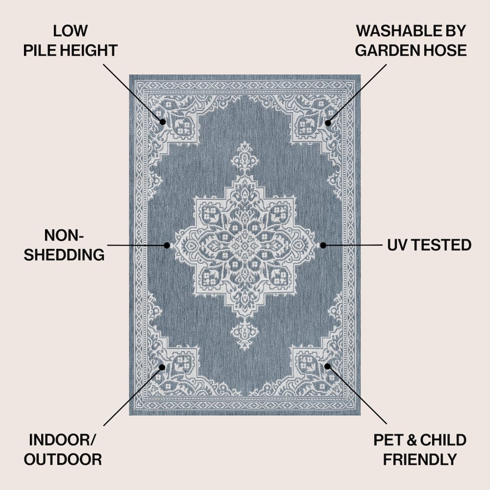 Arden Vintage Casual Medallion Blue/Cream 4 ft. x 6 ft. Indoor/Outdoor Area Rug. Picture 4