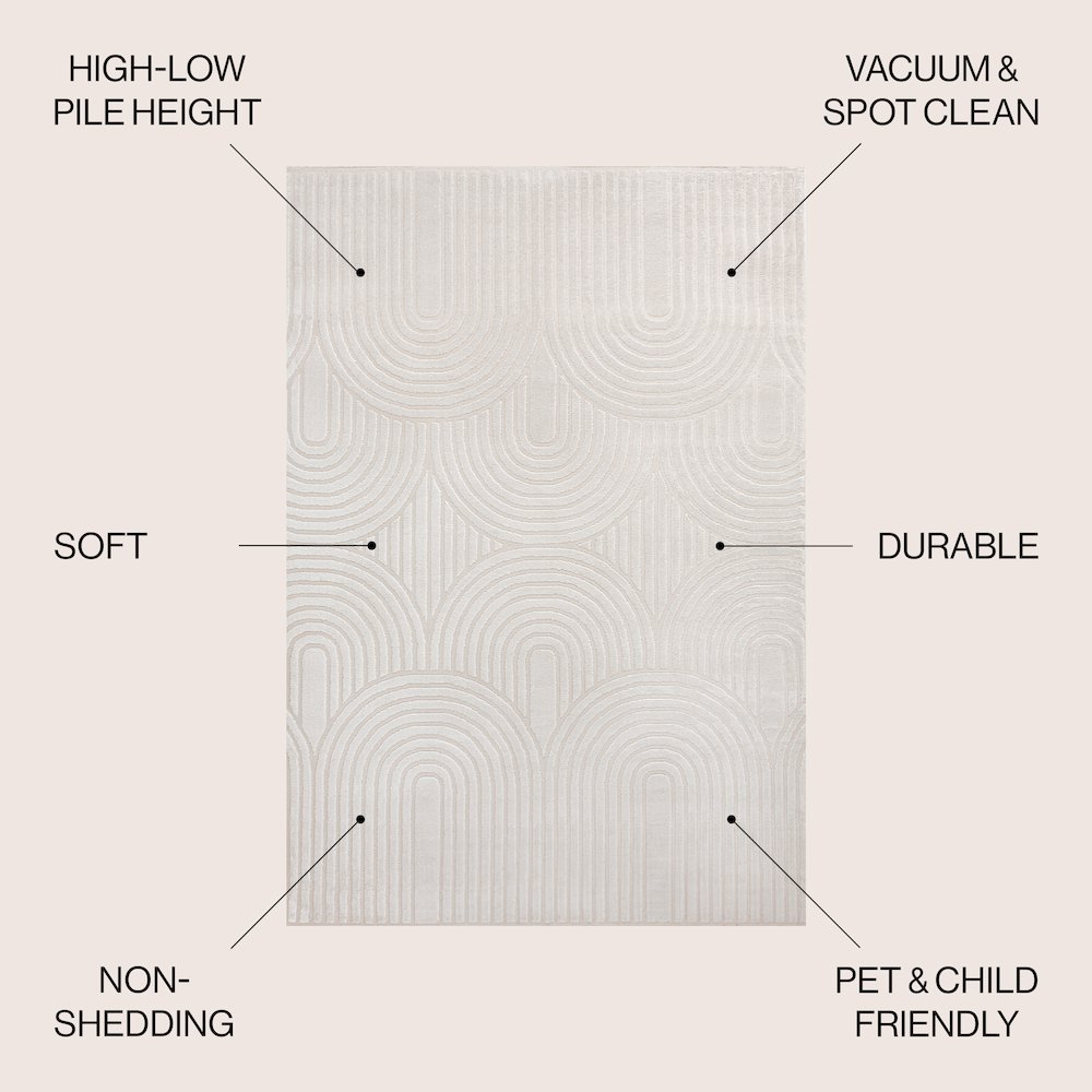 Ariana Midcentury Art Deco Striped Arches Two-Tone High-Low Area Rug. Picture 4