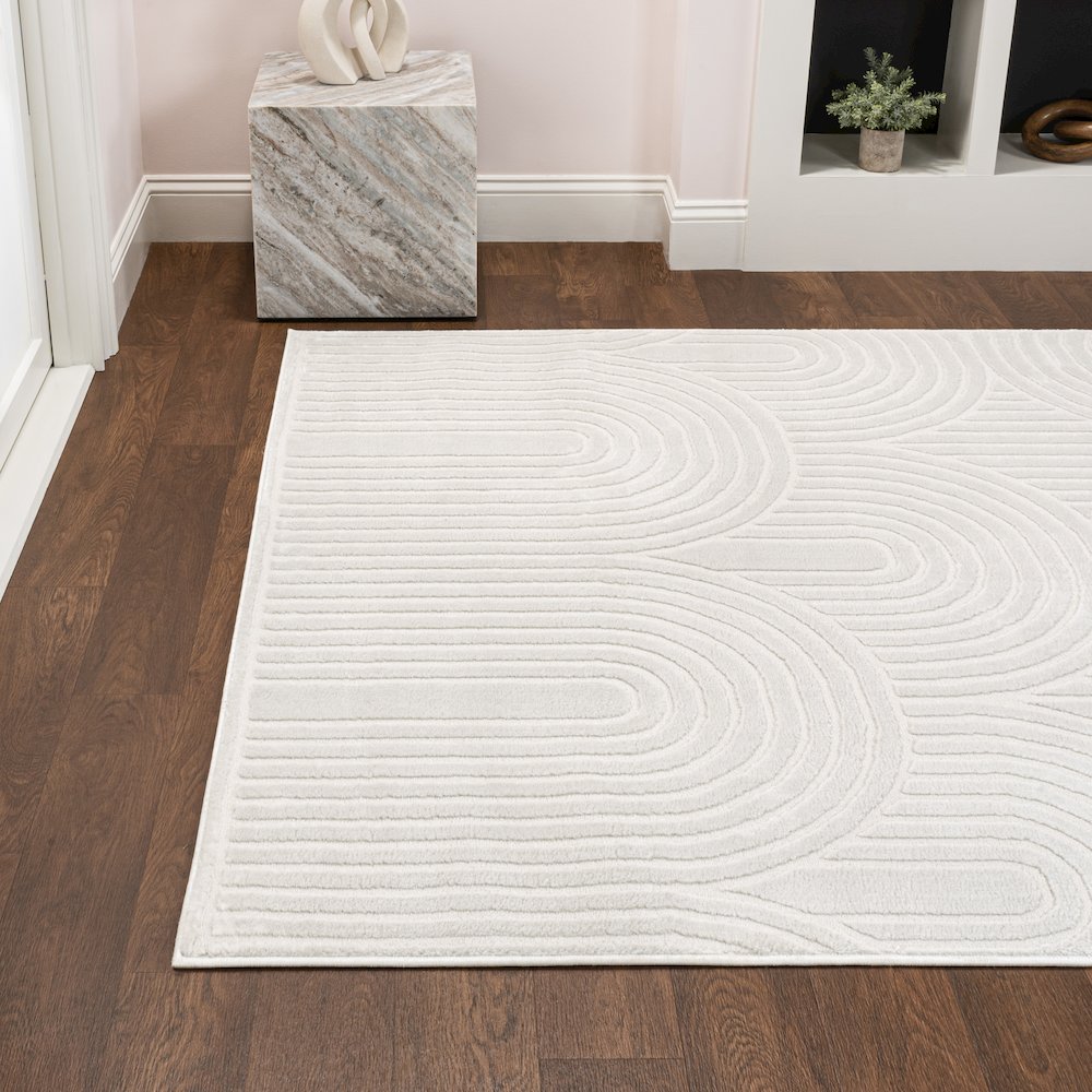 Ariana Midcentury Art Deco Striped Arches Two-Tone High-Low Area Rug. Picture 2