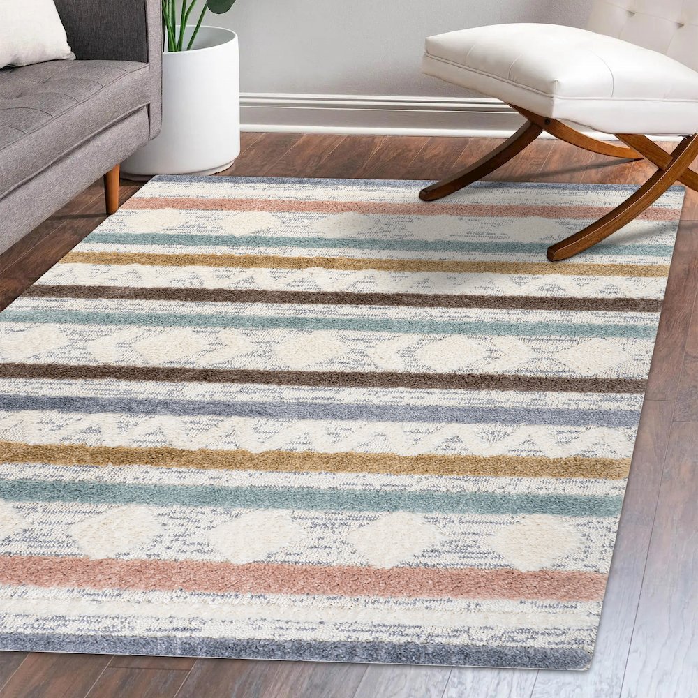 Faiza Moroccan Striped Geometric High-Low Area Rug. Picture 10